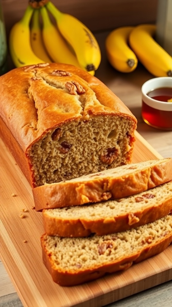 Kodiak Banana Bread Recipe Sliced Kodiak banana bread on a wooden board with bananas and honey in the background.